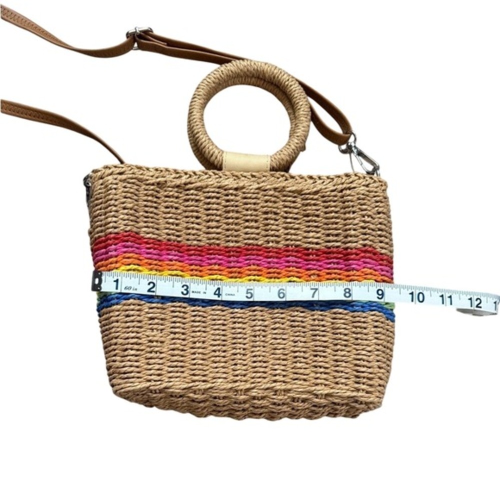 NWOT Colorful Striped Straw Woven Tote Bag Rainbow Coastal Euro Summer - Picture 4 of 6